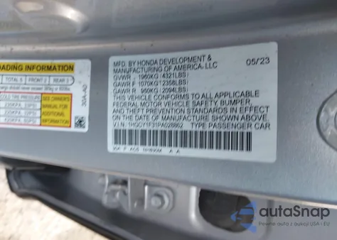 2023 Honda Accord Ex z USA, uszkodzony, nr VIN 1HGCY1F31PA028862